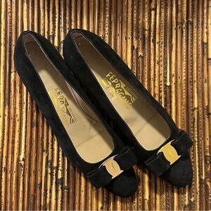 Salvatore Ferragamo Black Suede Low Block Heel Pumps Gold Accents